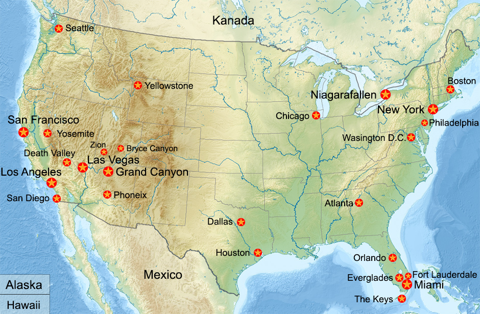 grand canyon karta Karta över USA med de bästa resmålen grand canyon karta